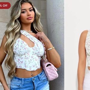 Pink and white floral one shoulder, corset top